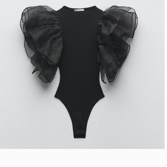 Zara Tops - Zara Black Bodysuit with Oversized Sheer Puff Sleeves